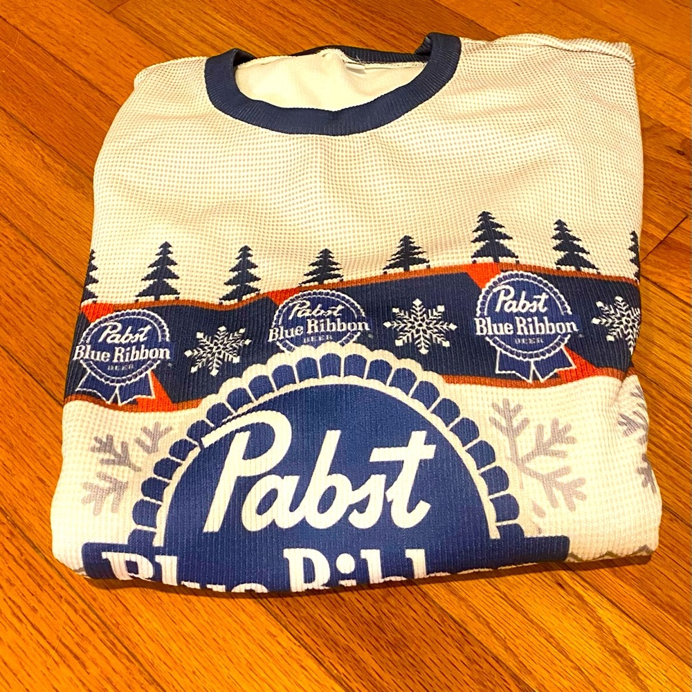 Never worn Pabst Blue Ribbon ugly sweater